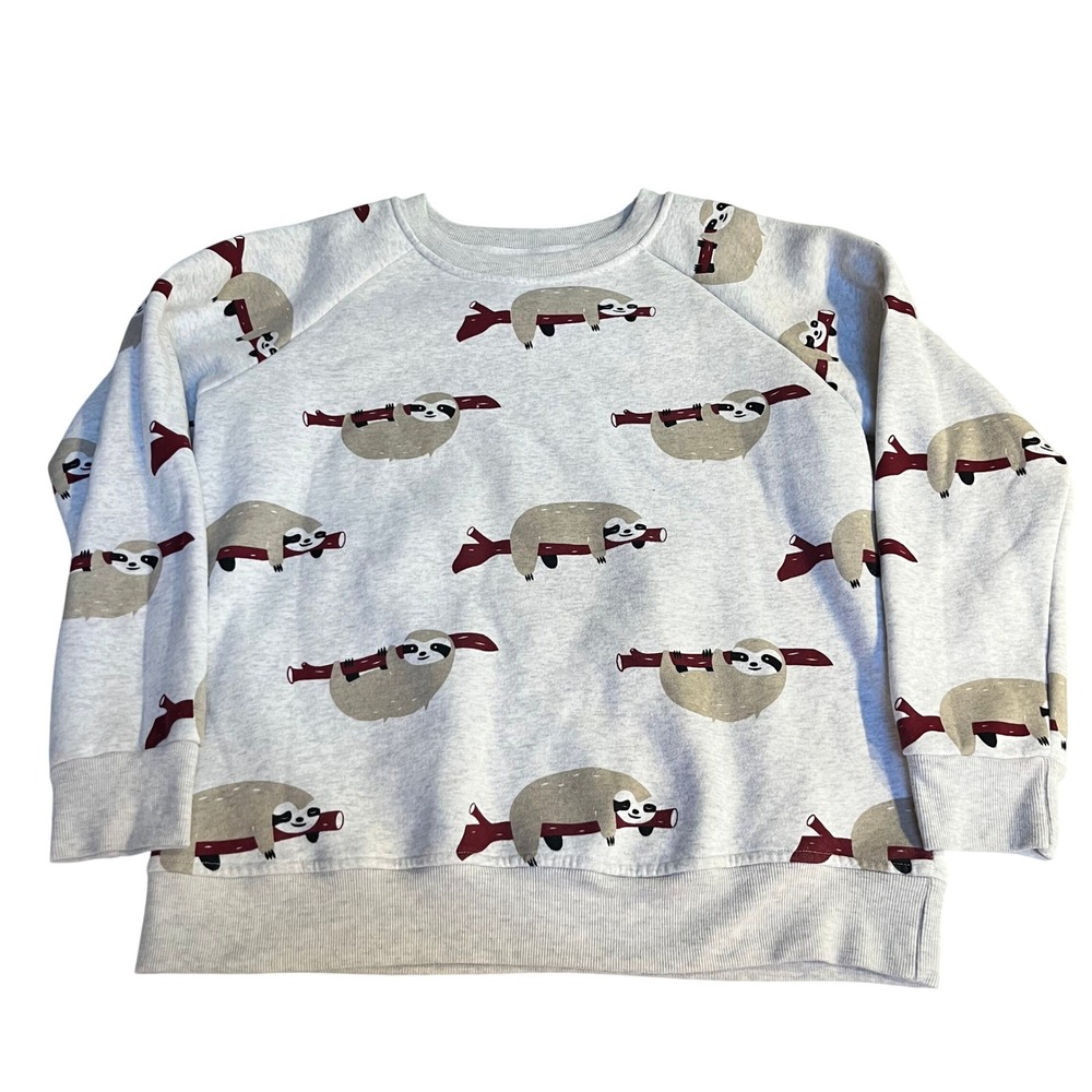 LA Soul Womens XL Sloth Print Raglan Sleeve Fleece Sweatshirt Heather Gray